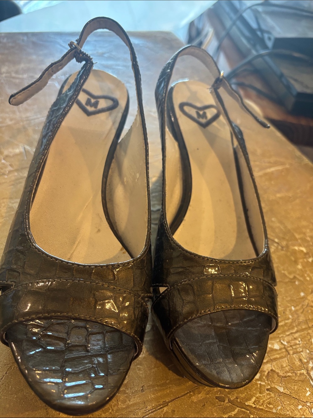 Madeline Bronze Croc-Embossed Slingback Peep-Toe Mules